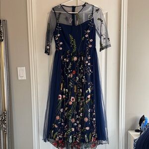 Navy Embroidered Floral Mesh Midi Dress